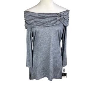 Frank Lyman NWT Dark Gray Silver Metallic Off the Shoulder Ruched Jewel Top